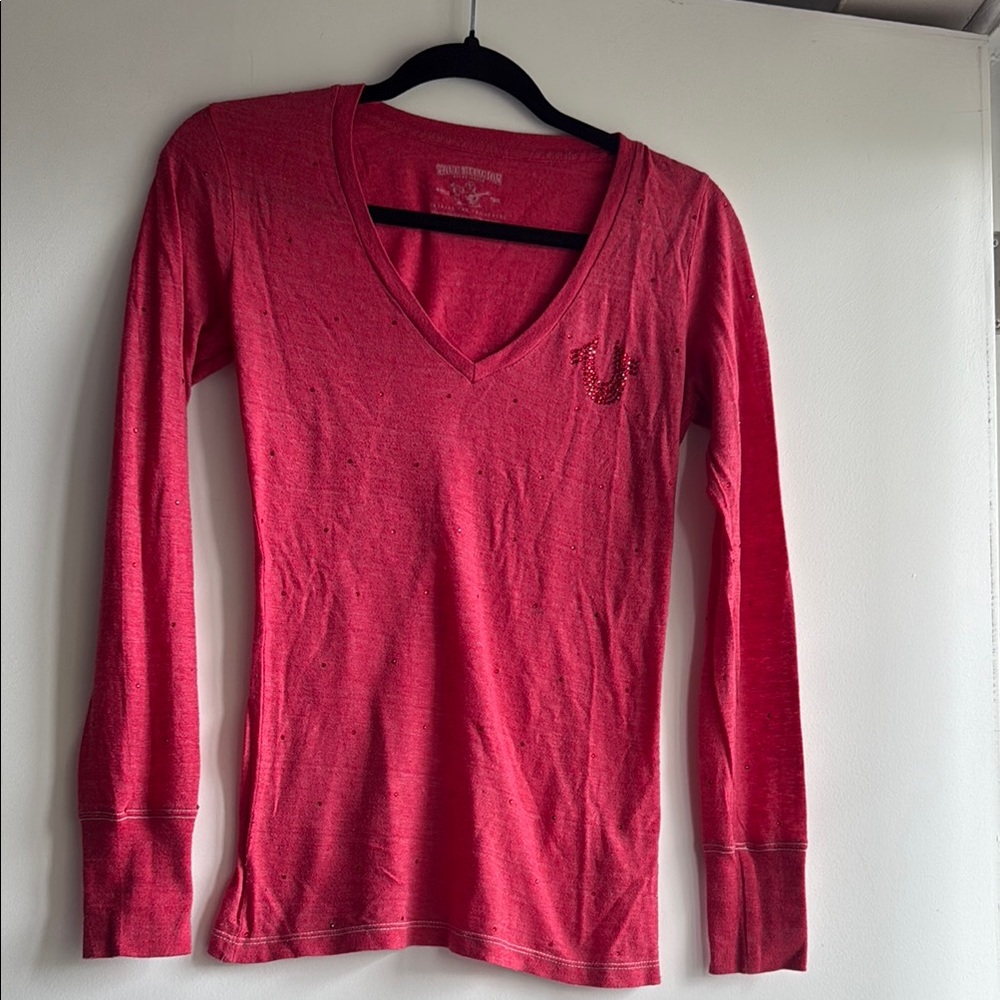 Sparkly True Religion Red V-Neck Long Sleeve Top with red rhinestones